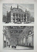 Old Antique Print 1882 London School Building Victoria Thames Embankment 19th