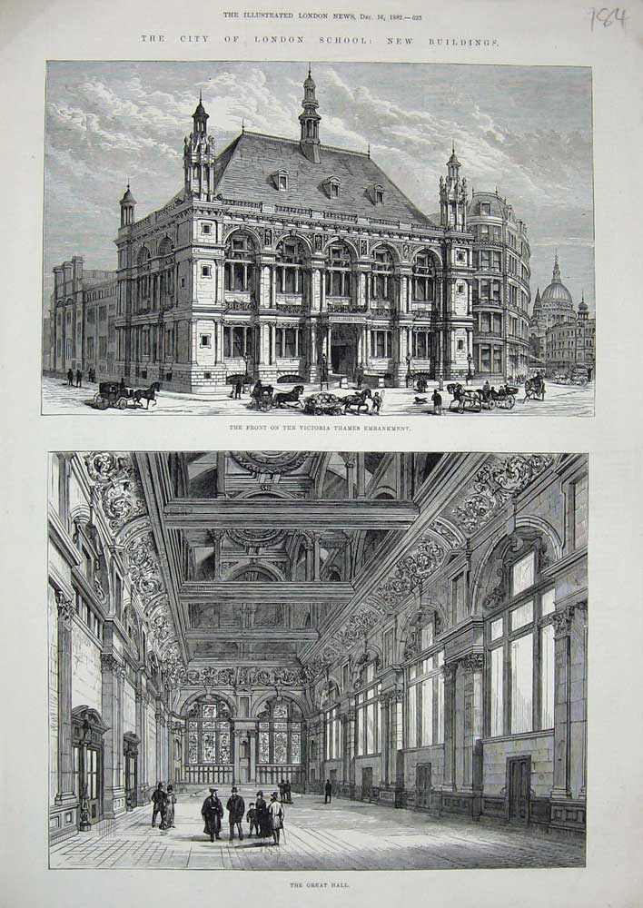 Old Antique Print 1882 London School Building Victoria Thames Embankment 19th