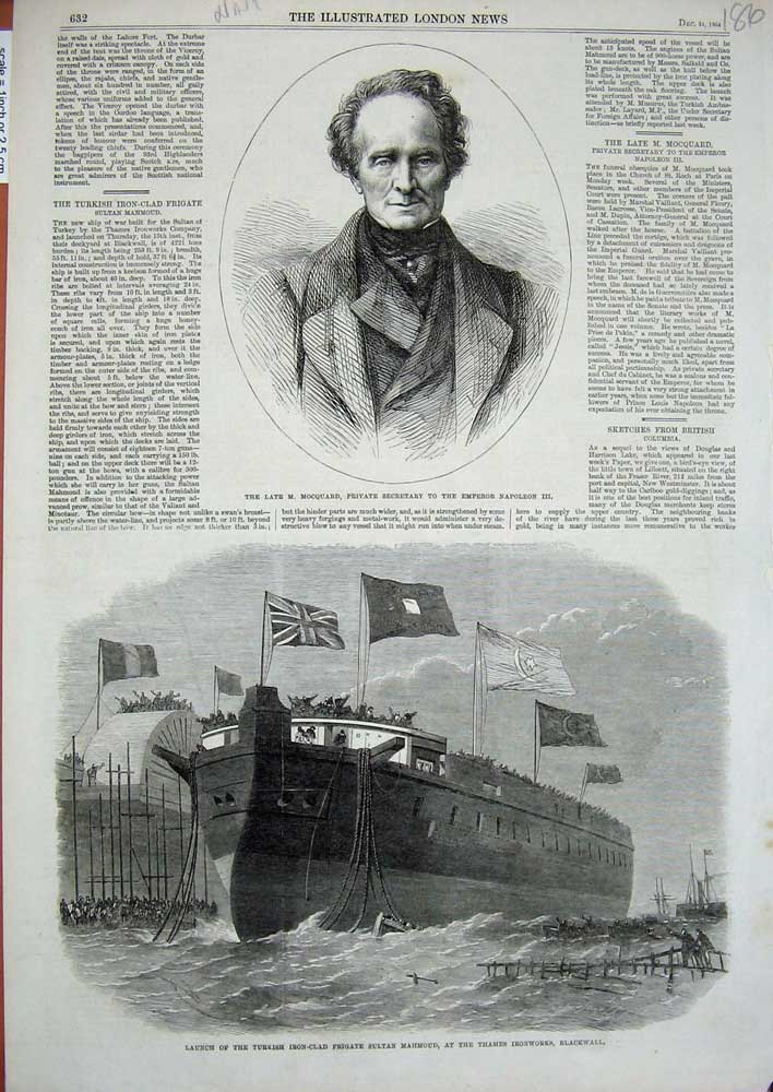 Original Old Antique Print 1864 Mocquard Emperor Napoleon Ship Sultan Mahmoud
