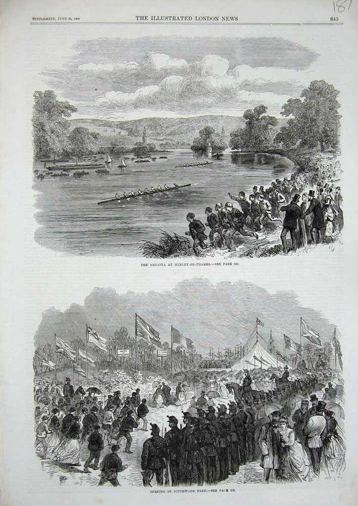 Original Old Antique Print 1869 Regatta Boats Henley-On-Thames Southwark Park