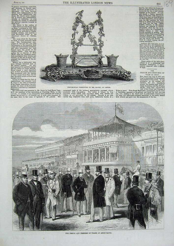 Old Antique Print Prince Wales Ascot Races Horses 1863 Bacon Lewes Trophy 19th