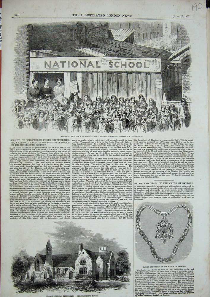 Old Antique Print 1857 School Effingham Mayor Salford Chain Plaistow Town 19th