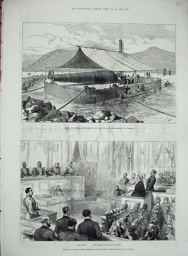 Old Antique Print 1882 Court Arabi Pasha Egyp Cairo Naval Gunnery Spezia 19th