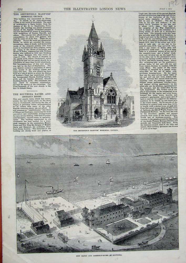 Old Antique Print 1871 Smithfield Martyrs Church Baths Southsea Assembly 19th