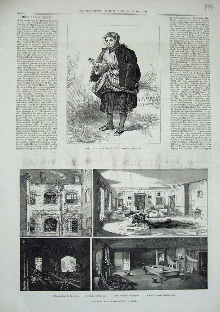 Old Antique Print Fire Hampton Court Palace 1882 Kelly Theatre Fisherwife 19th