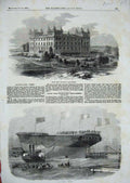 Old Antique Print 1856 Ilkley Wells Hydropathic Launch Ship Torino Boat 19th