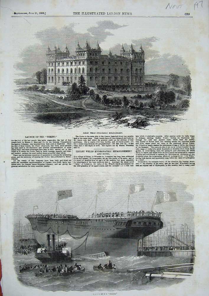 Old Antique Print 1856 Ilkley Wells Hydropathic Launch Ship Torino Boat 19th