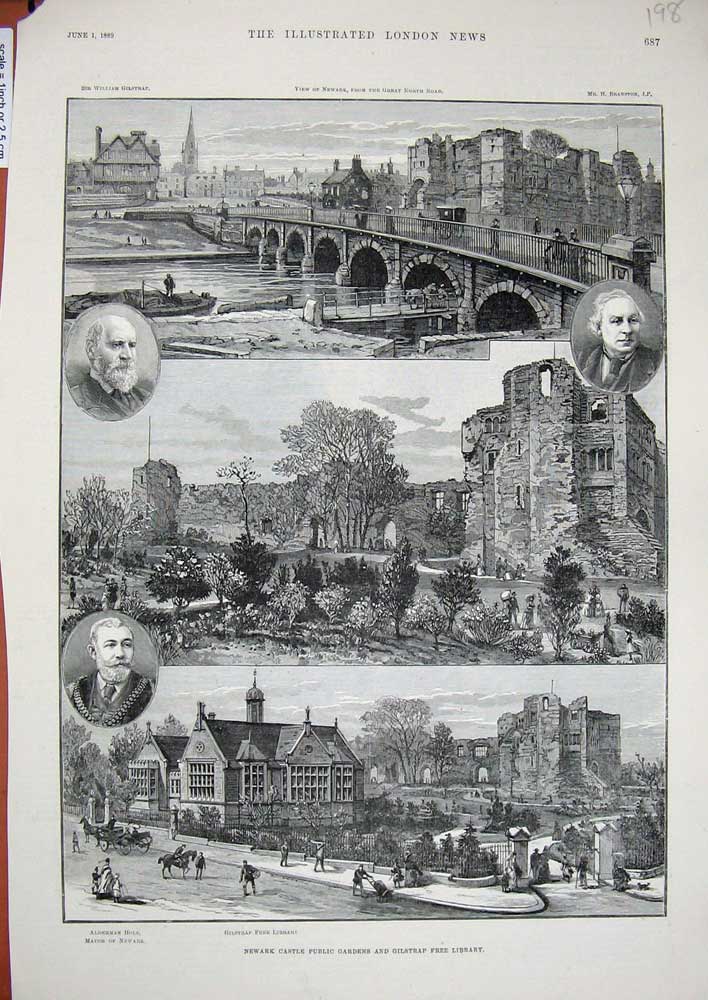 Original Old Antique Print 1889 Newark Castle Gardens Library Branston Gilstrap