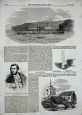 Original Old Antique Print 1854 Church Northumberland Danube Boat Tachtalia