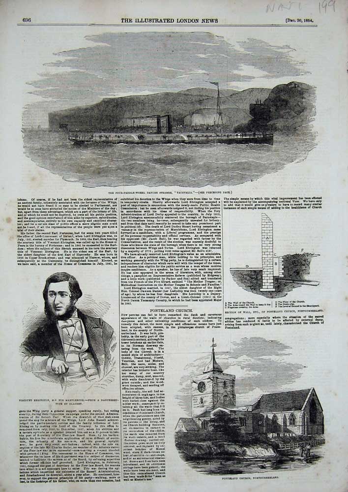 Original Old Antique Print 1854 Church Northumberland Danube Boat Tachtalia