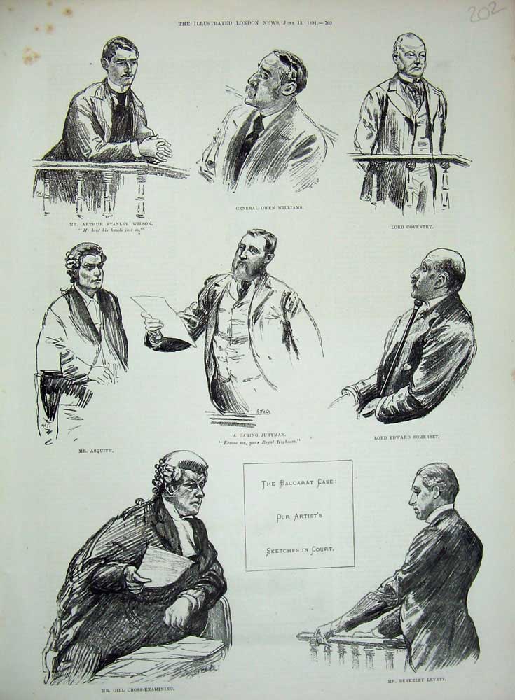 Original Old Antique Print Baccarat Case Court 1891 Williams Jury Judge Asquith