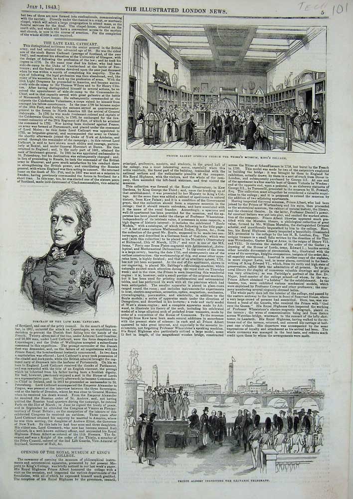 Original Old Antique Print 1843 Cathcart Prince Albert King'S College Telegraph