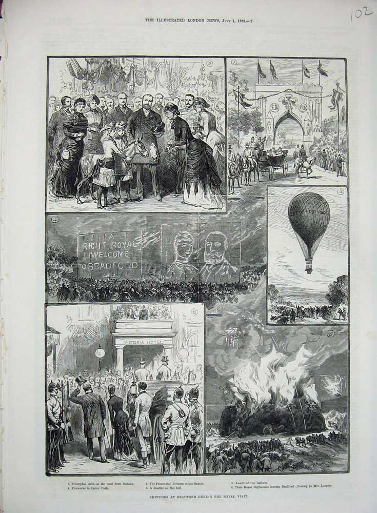 Old Antique Print Bradford 1882 Triumphal Arch Balloon Lister Park Prince 19th