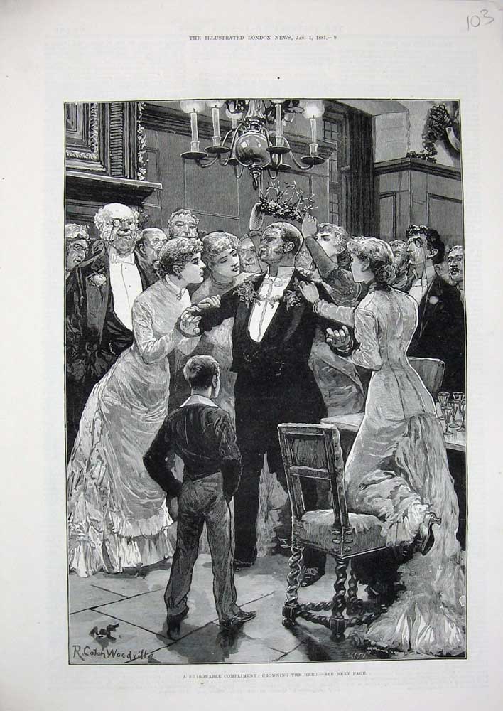 Old Antique Print 1881 Christmas Crowning Man Party Holly Woodville Art 19th