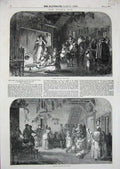 Original Old Antique Print 1852 New Year'S Eve Cake Fire-Place Chimney Breaking