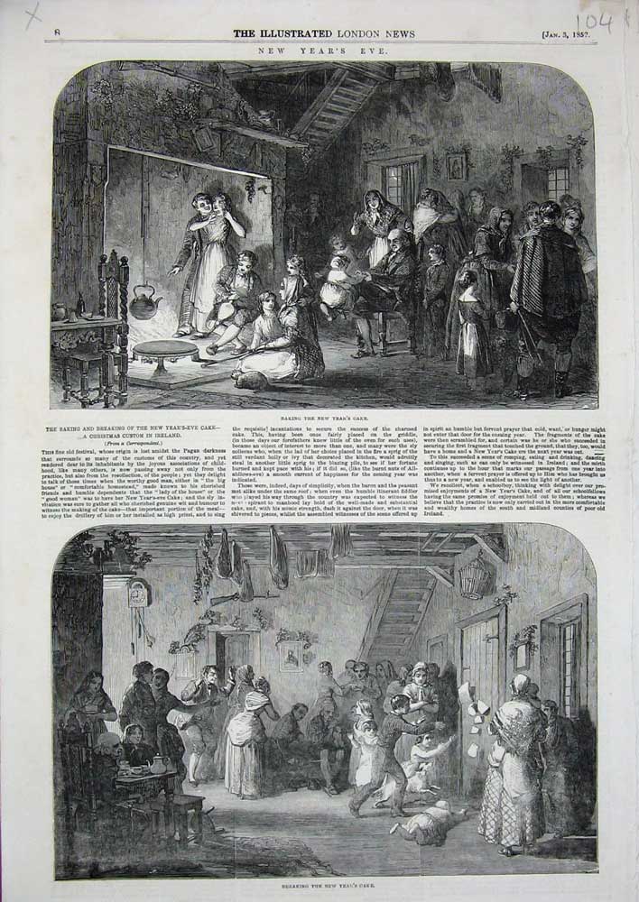 Original Old Antique Print 1852 New Year'S Eve Cake Fire-Place Chimney Breaking