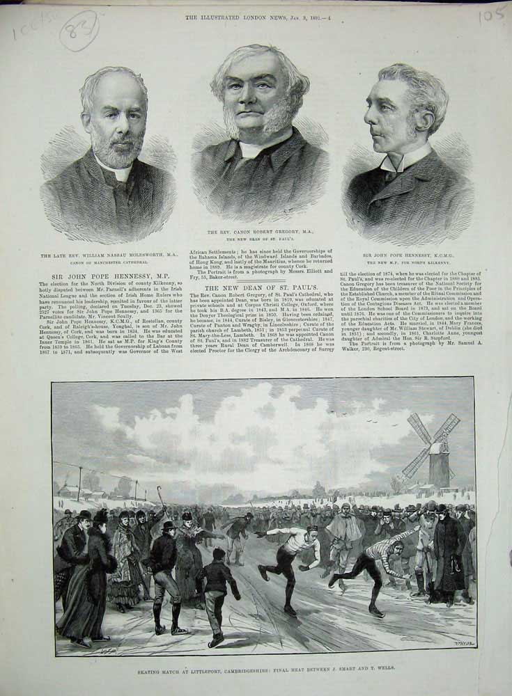 Old Antique Print 1891 Ice Skating Cambridgeshire Smart Wells Gregory Rev 19th