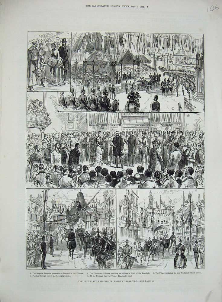Old Antique Print 1892 Prince Wales Bradford School Norman Tower Arches 19th