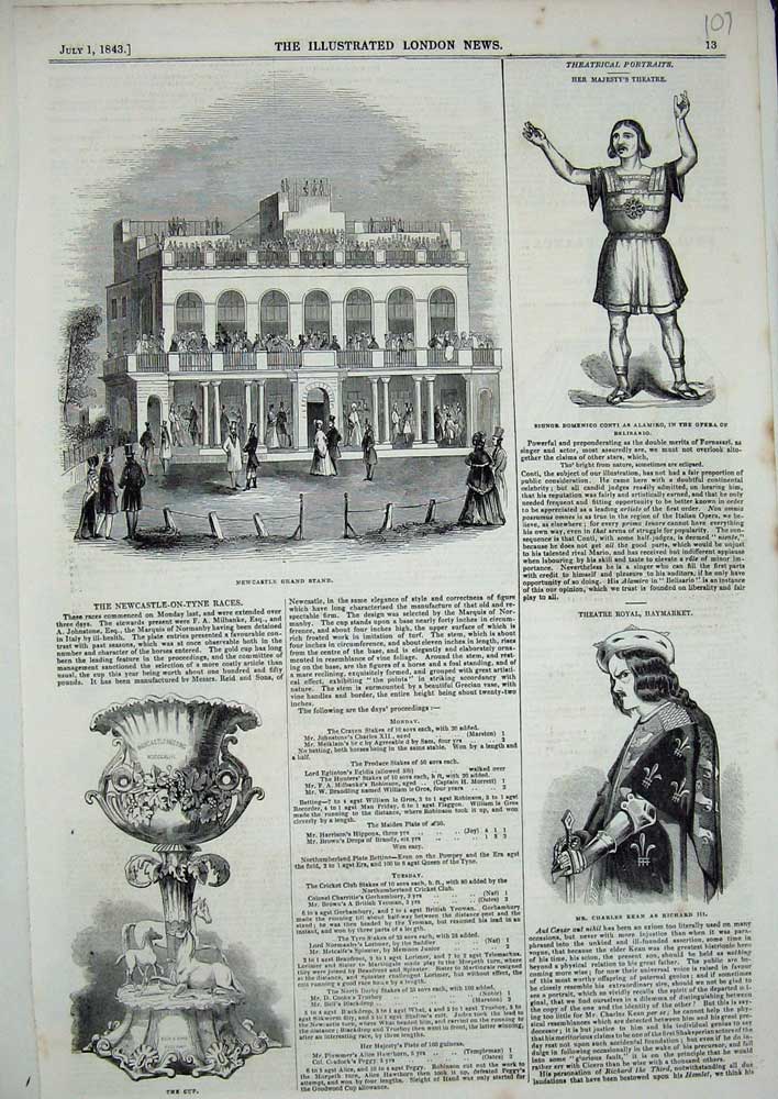 Old Antique Print Newcastle Grand Stand Cup Horse Majesty'S Theatre 1843 19th