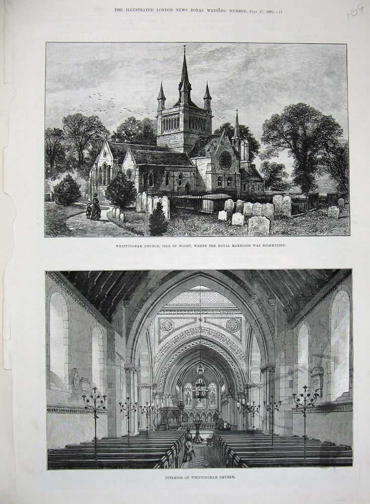 Old Antique Print 1885 Whippingham Church Isle Wight Royal Marriage Art 19th