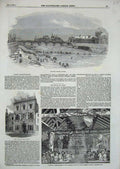Original Old Antique Print 1854 Seine River Frozen Corn Exchange Louth School