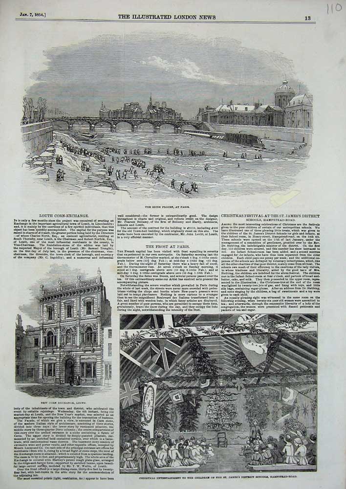 Original Old Antique Print 1854 Seine River Frozen Corn Exchange Louth School