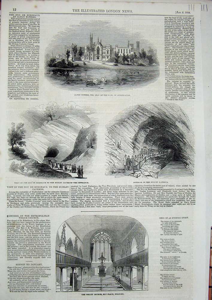 Old Antique Print 1844 Welch Church Ely Holborn Alton Towers Dudley Cave 19th