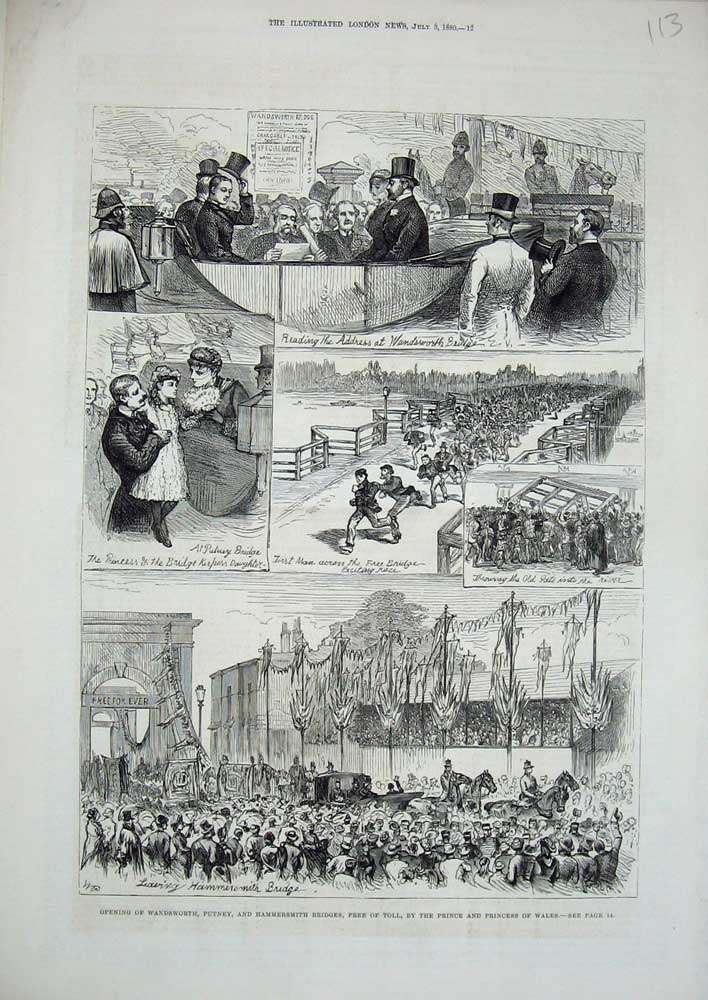 Old Antique Print 1880 Wandsworth Putney Hammersmith Bridge Toll Prince 19th