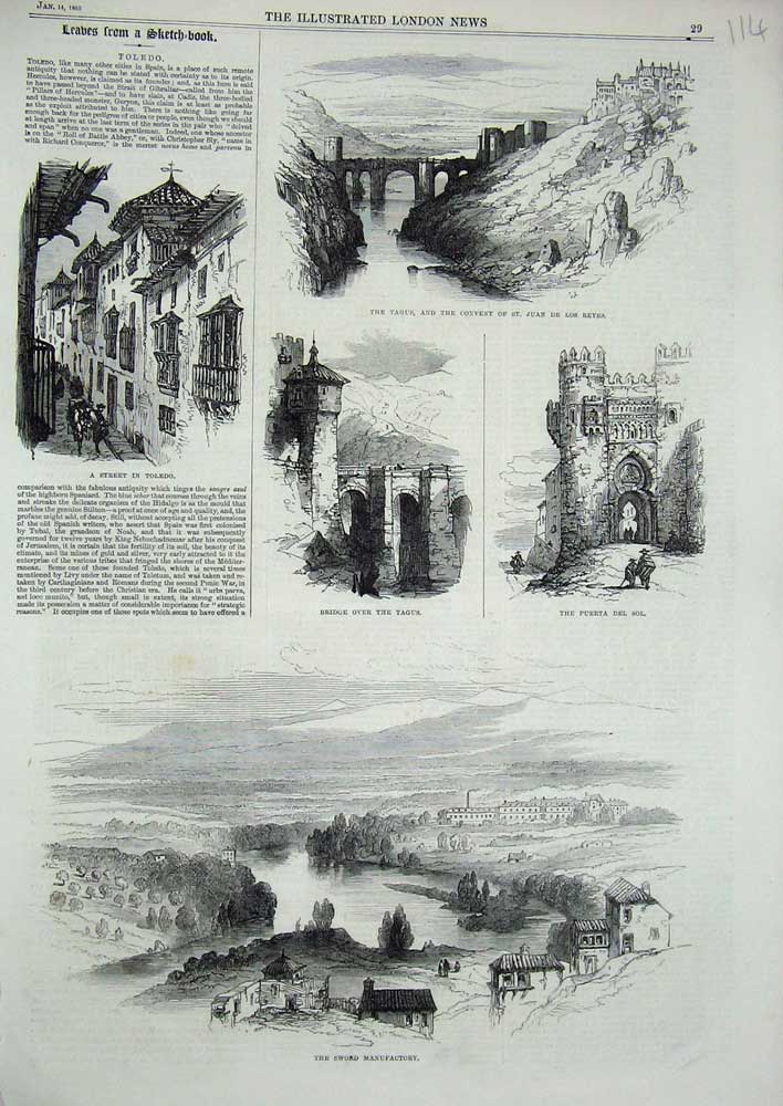 Original Old Antique Print 1865 Teo Sword Manufactory Tagus Puerta Del Sol 19th