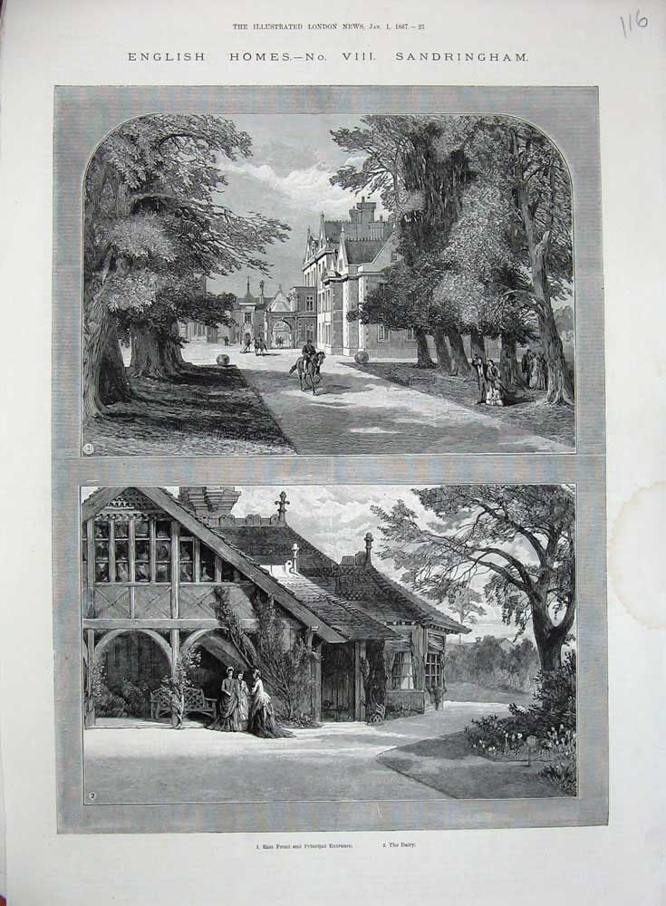 Original Old Antique Print 1887 English Homes Sandringham Dairy House Trees Art
