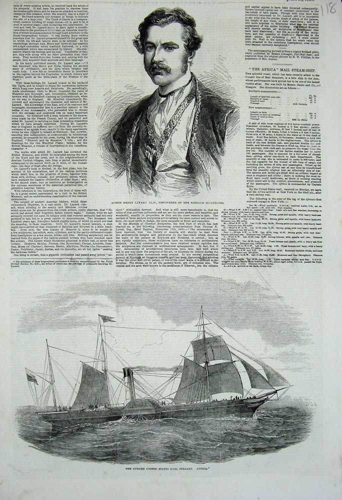 Old Antique Print 1851Cunard United States Mail Ship Africa Austin Layard 19th