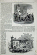 Original Old Antique Print 1845 Court Martial Hall Commerce Ipswich River Boats