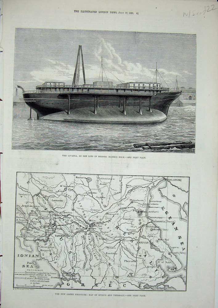 Old Antique Print 1880 Greek Map Epirus Thessaly Livadia Ship Elders Dock 19th