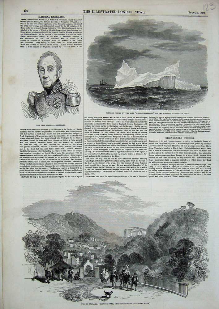 Original Old Antique Print 1852 Spas England Matlock Bath Exelmans Iceberg Cape