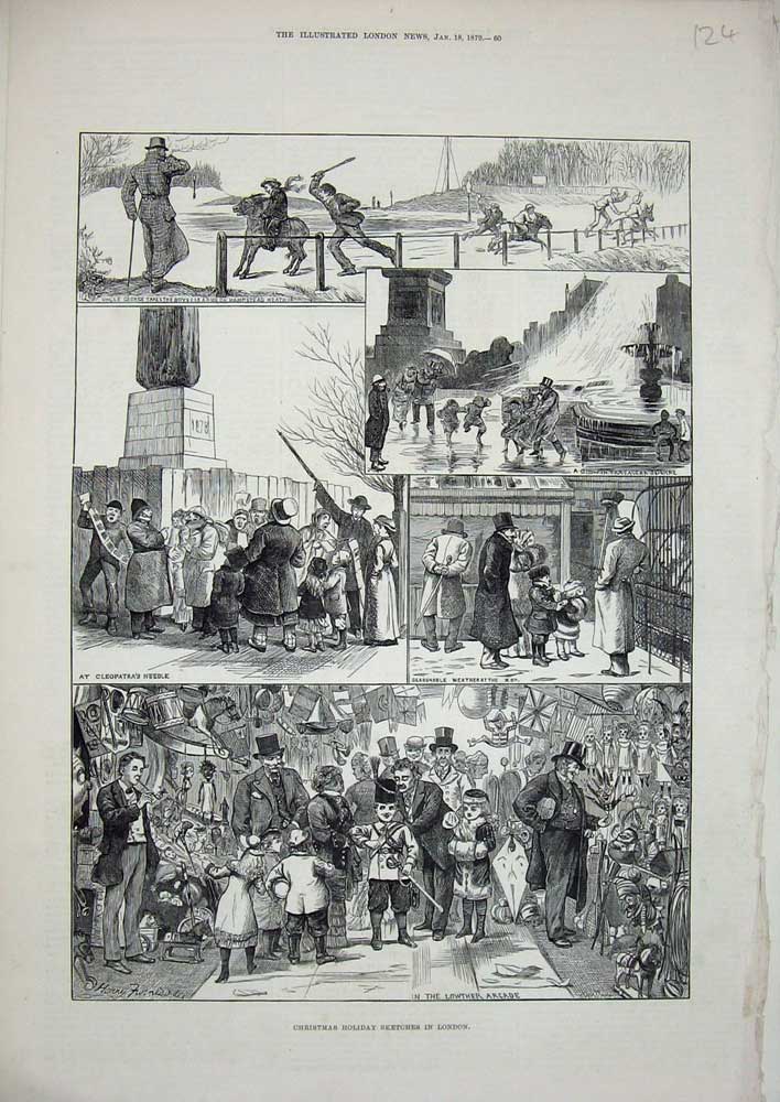 Old Antique Print 1879 Christmas Holiday London Lowther Cleopatra Needle 19th