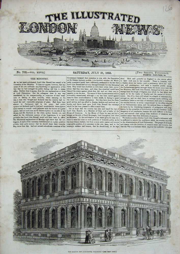 Old Antique Print 1855 Carlton Club House Pall-Mall London Architecture 19th