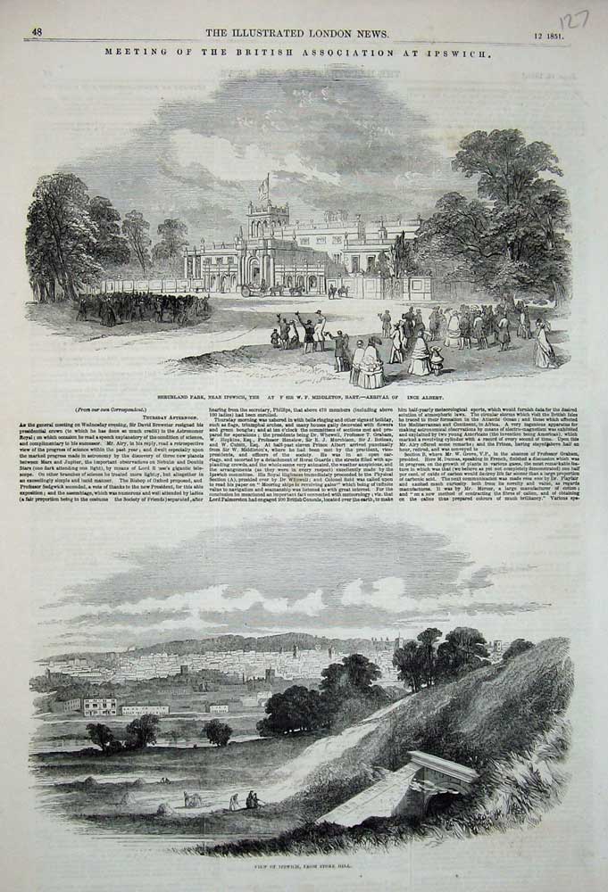 Old Antique Print 1851 Ipswich Stoke Hill Shrubland Parkmiddleton Albert 19th