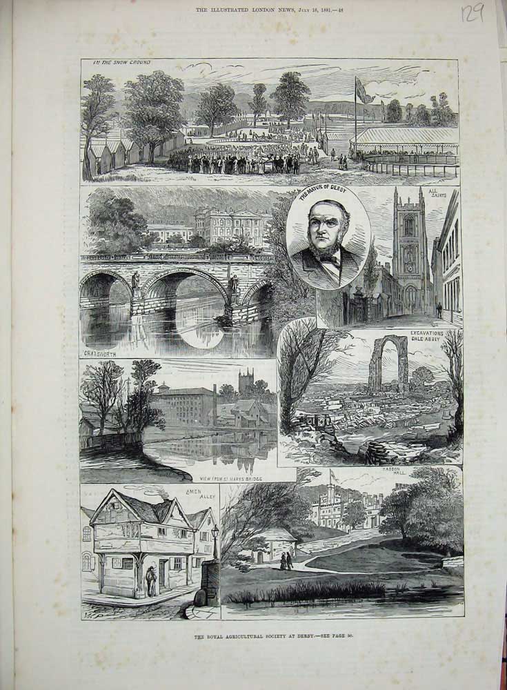 Old Antique Print 1881 Derby Amen Alley Chatsworth Dale Abbey Mayor Show 19th