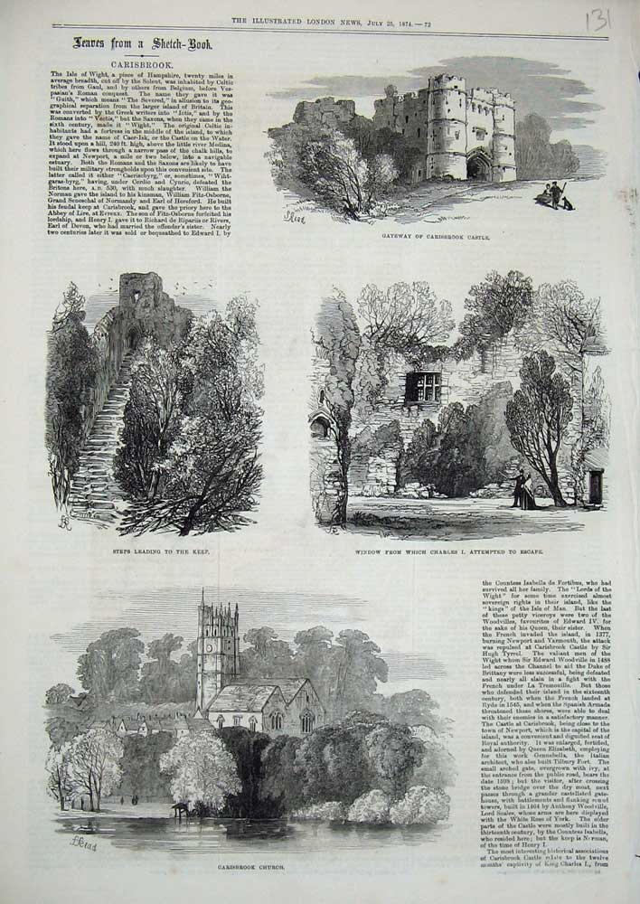 Original Old Antique Print Carisbrook Castle 1874 Church Keep Charles Victorian