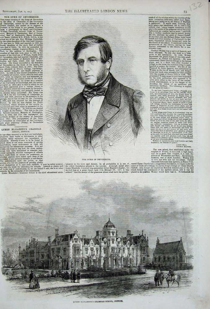 Original Old Antique Print 1862 Duke Devonshire Queen Elizabeth Grammar School