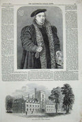 Original Old Antique Print 1845 Agricultural College Cirencester Hans Holbein