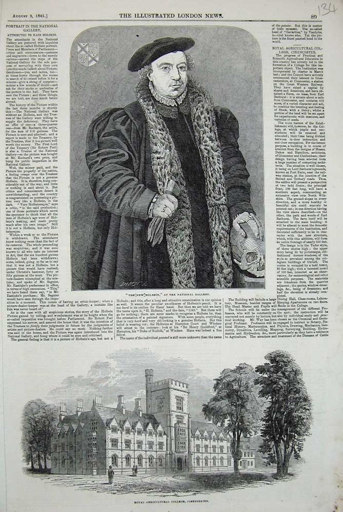 Original Old Antique Print 1845 Agricultural College Cirencester Hans Holbein