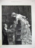 Original Old Antique Print 1885 Fine Art Romance Man Woman Stairs House Overend
