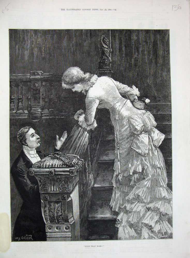 Original Old Antique Print 1885 Fine Art Romance Man Woman Stairs House Overend