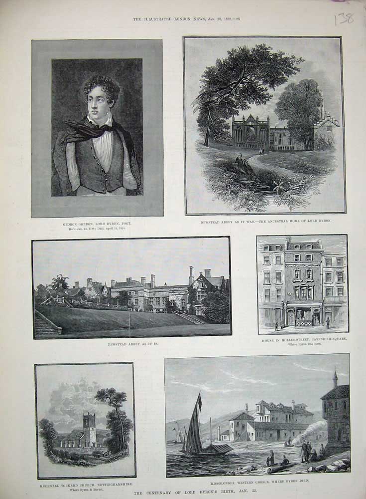 Old Antique Print 1888 Missolonghi Hucknall Church Newstead Abbey Byron 19th