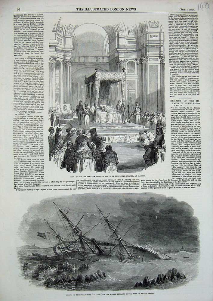 Old Antique Print 1854 Ship Wreck Olinda Infanta Royal Chapel Madrid Baby 19th