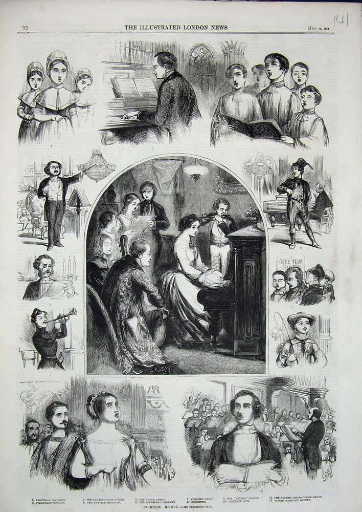 Original Old Antique Print 1859 Opera Singer Harmonic Society Organist Musician
