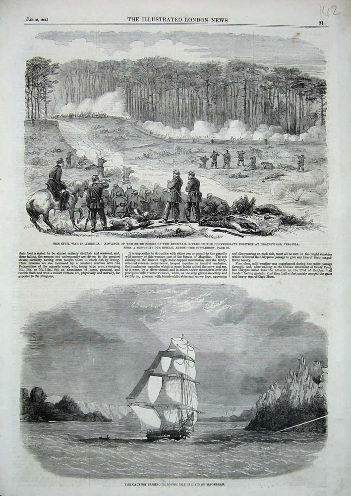 Old Antique Print 1862 Calypso Ship Straits Magellan War America Bucktail 19th