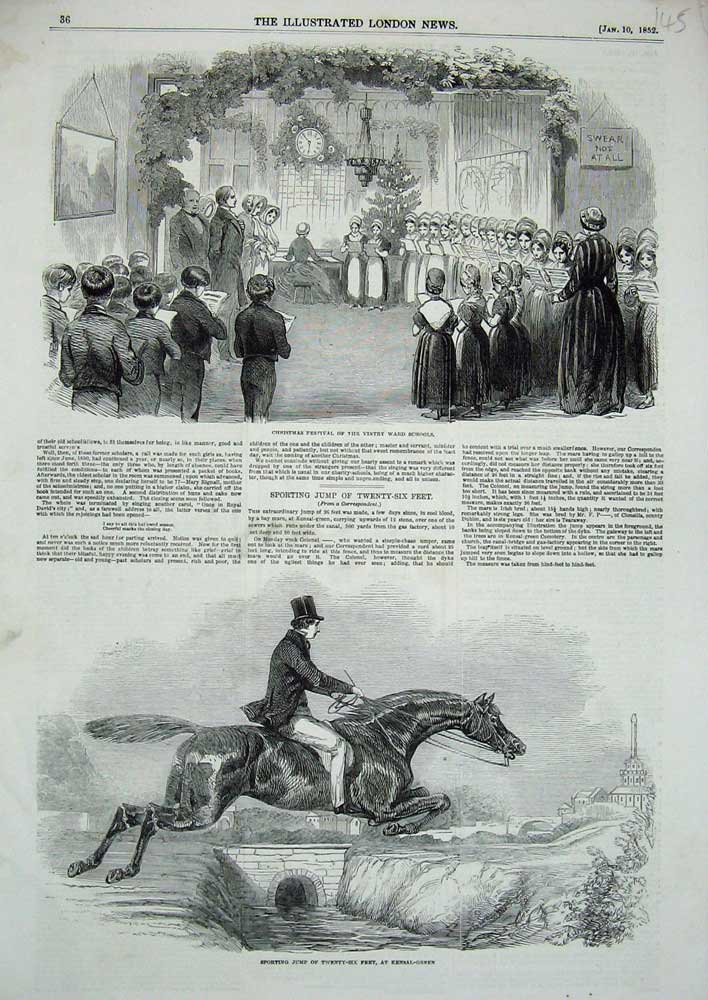 Original Old Antique Print 1852 Horse Jumping Kensal-Green Vintry Ward Schools