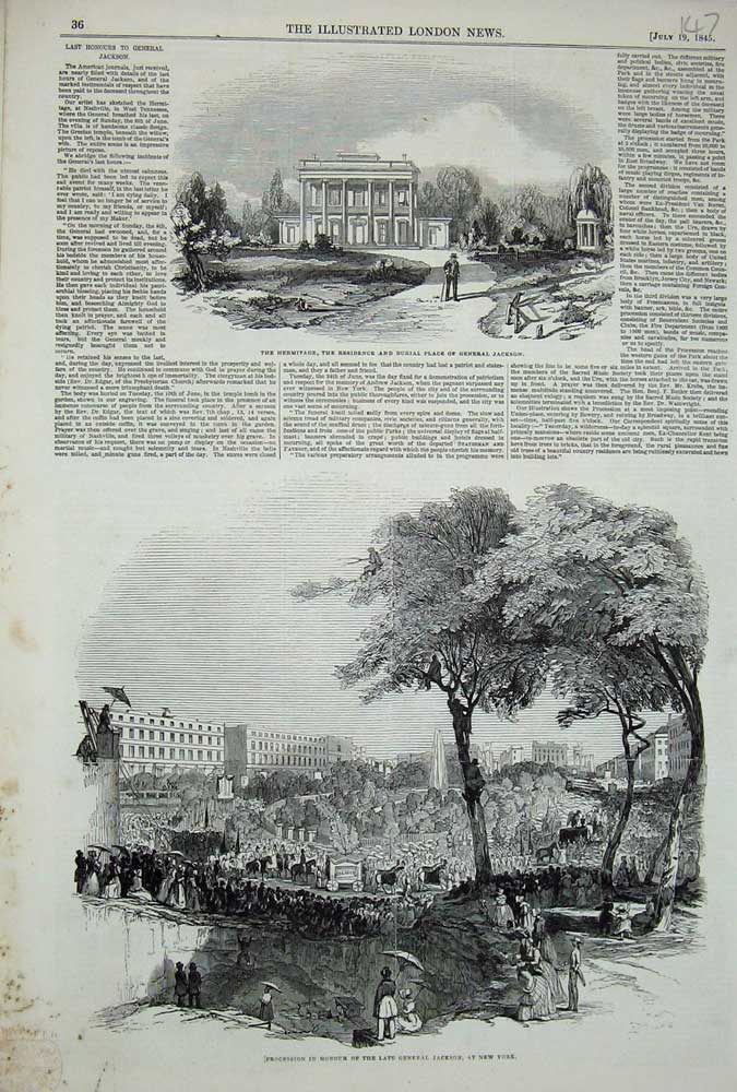 Old Antique Print 1845 General Jackson New York America Hermitage Burial 19th